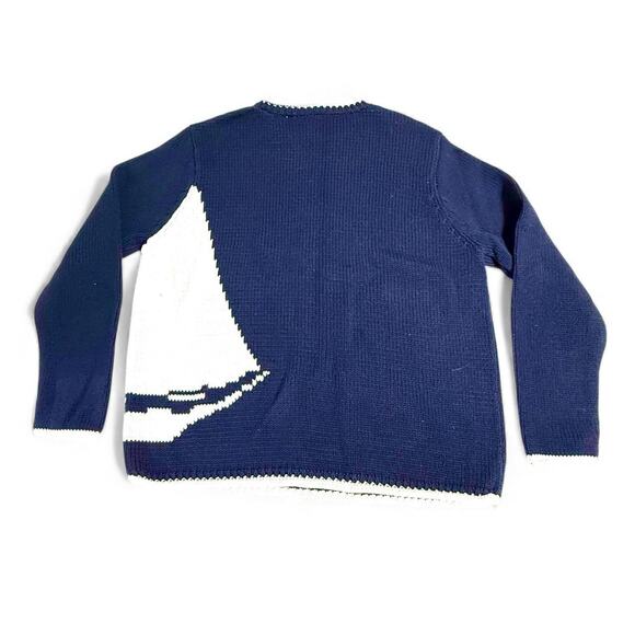 Liz Claiborne Liz&Co XL Sweater 100% Cotton Navy Nautical Sailboat Knit Pullover - Picture 2 of 5